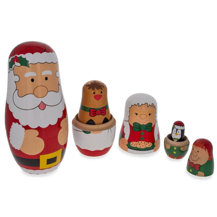 BestPysanky Santa Claus, Mrs. Claus, Reindeer, Elf Wooden Nesting Dolls 6 Inches