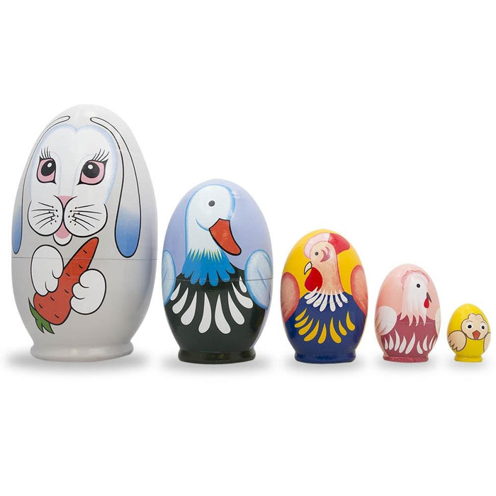 BestPysanky 5 Bunny, Duck, Rooster, Hen & Chick Egg Shape Wooden Nesting Dolls 5 Inches