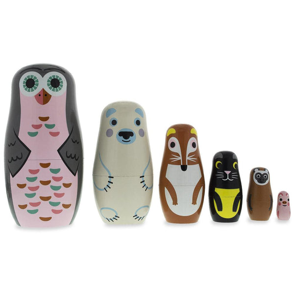 BestPysanky Set of 6 Animals Wooden Nesting Dolls- Owl, Bear, Fox, Cat, Monkey, Pig