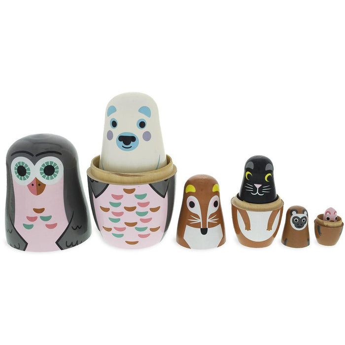 BestPysanky Set of 6 Animals Wooden Nesting Dolls- Owl, Bear, Fox, Cat, Monkey, Pig