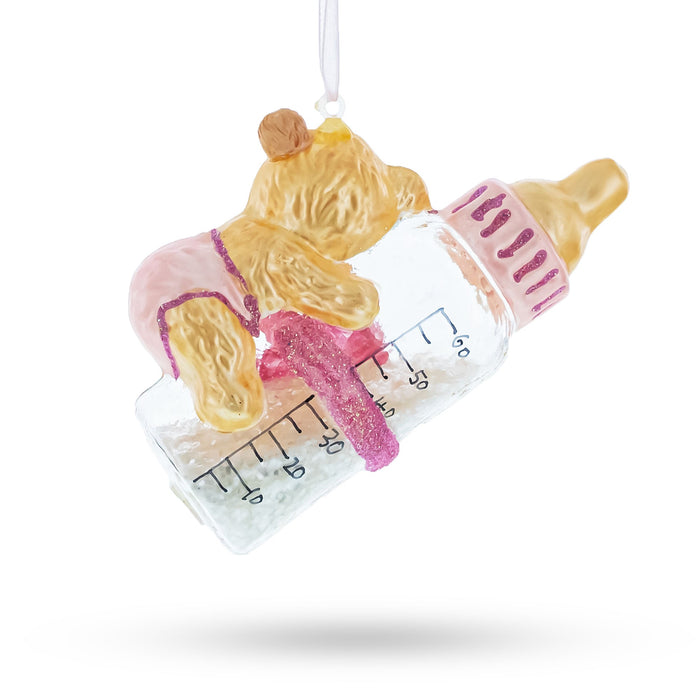 BestPysanky Sleeping Teddy Bear on Pink Glass Bottle - Baby's First - Delicate Blown Glass Christmas Ornament