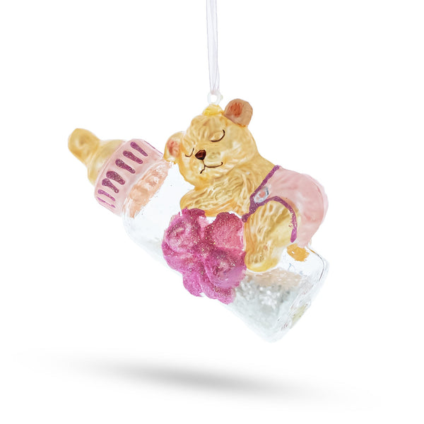 BestPysanky Teddy Bear on Pink Glass Bottle Baby's First Blown Glass Christmas Ornament