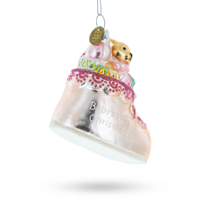 BestPysanky Teddy Bear Nestled in Pink Boot - Baby's First Blown - Lovable Blown Glass Christmas Ornament