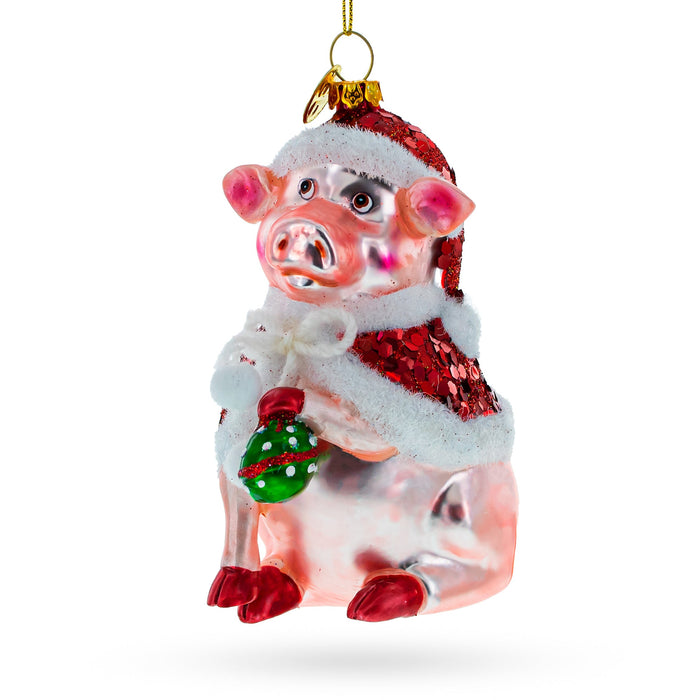 BestPysanky Festive Pig Donning a Santa Hat - Premium Blown Glass Christmas Ornament