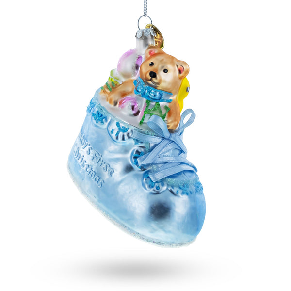 BestPysanky Teddy Bear Nestled in a Blue Shoe for Baby's First Glass Christmas Ornament