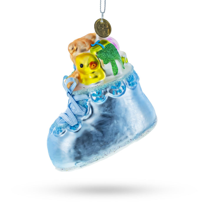 BestPysanky Teddy Bear Nestled in a Blue Shoe for Baby's First - Blown Glass Christmas Ornament