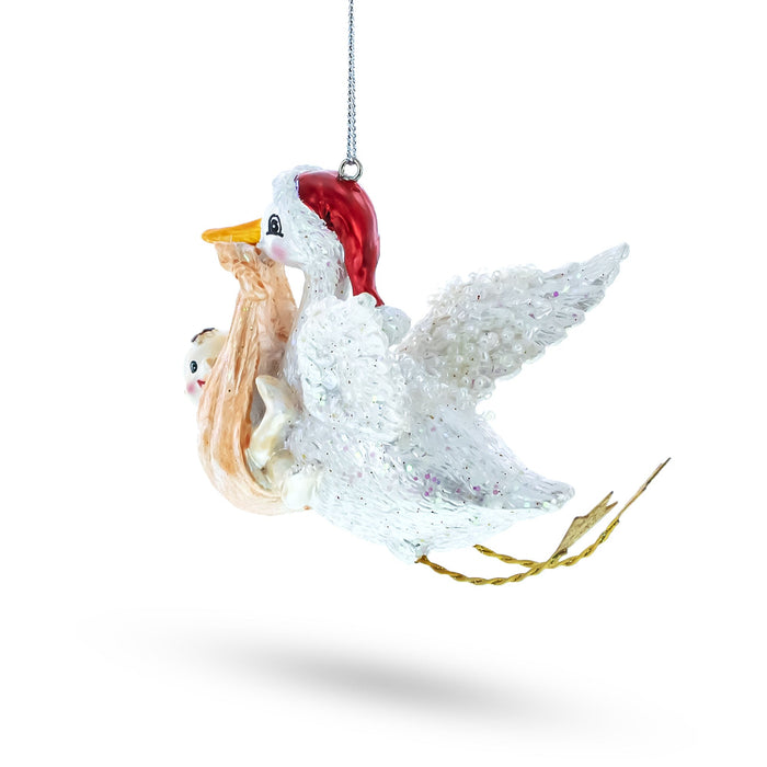 BestPysanky Charming Stork Carrying Baby - Blown Glass Christmas Ornament