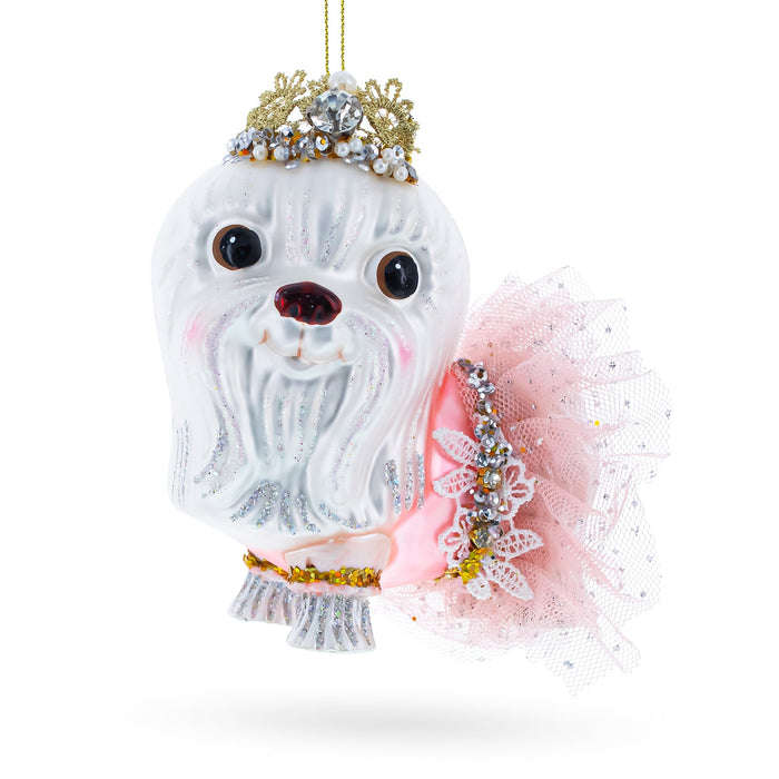 BestPysanky Lovable Bolonka Dog with Crown - Blown Glass Christmas Ornament