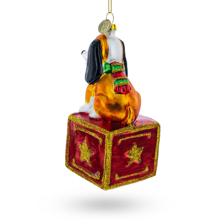 BestPysanky Playful Toy Dog on Festive Red Box Glass Christmas Ornament