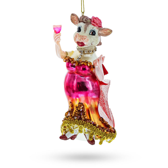 BestPysanky Pink-Dressed Cow with Wine Glass - Blown Glass Christmas Ornament