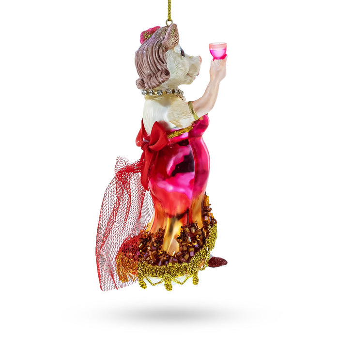 BestPysanky Pink-Dressed Cow with Wine Glass - Blown Glass Christmas Ornament