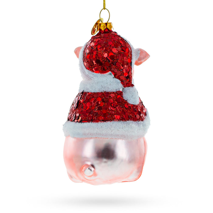 BestPysanky Festive Pig Donning a Santa Hat - Premium Blown Glass Christmas Ornament