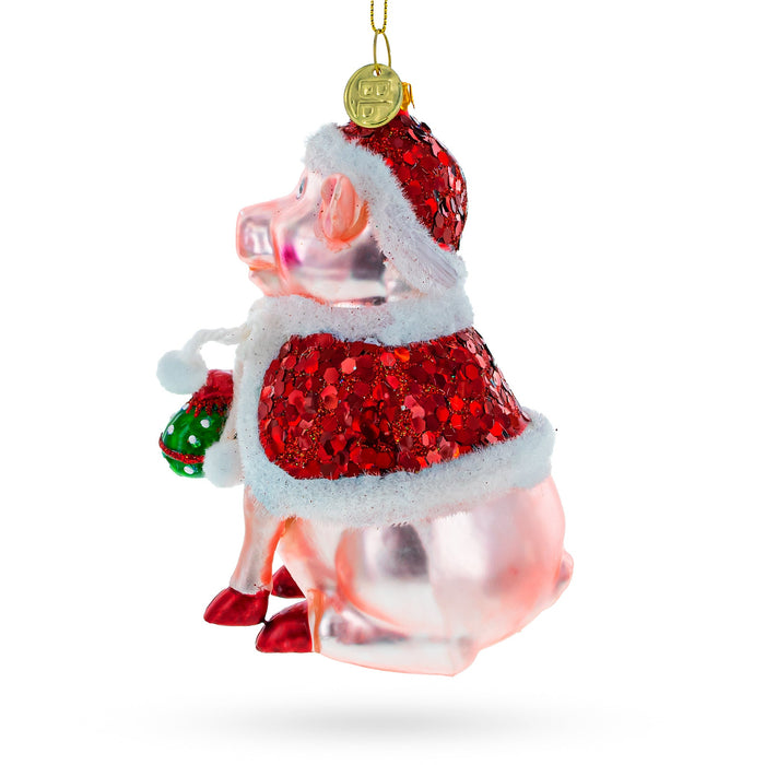 BestPysanky Festive Pig Donning a Santa Hat - Premium Blown Glass Christmas Ornament