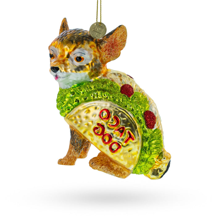 BestPysanky Fiesta Pup: Taco-Wearing Dog - Blown Glass Christmas Ornament