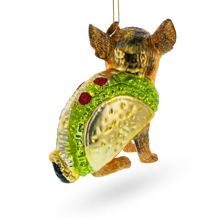 BestPysanky Fiesta Pup: Taco-Wearing Dog - Blown Glass Christmas Ornament