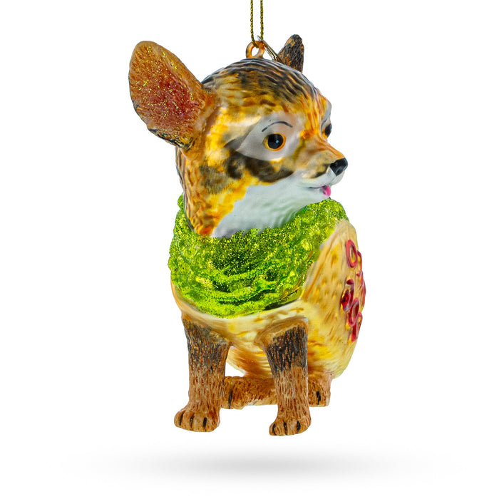 BestPysanky Fiesta Pup: Taco-Wearing Dog - Blown Glass Christmas Ornament