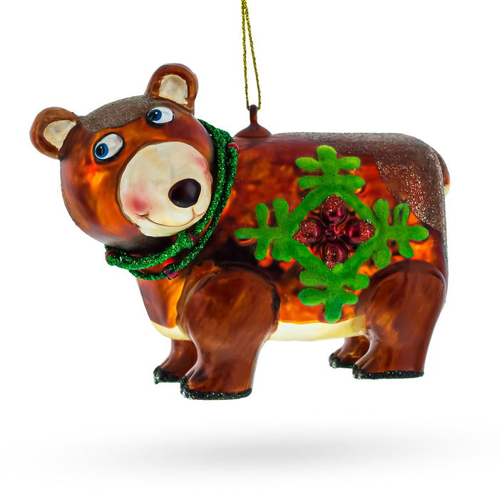 BestPysanky Festive Brown Bear Holding a Poinsettia - Blown Glass Christmas Ornament