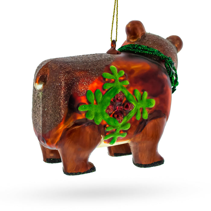 BestPysanky Festive Brown Bear Holding a Poinsettia - Blown Glass Christmas Ornament