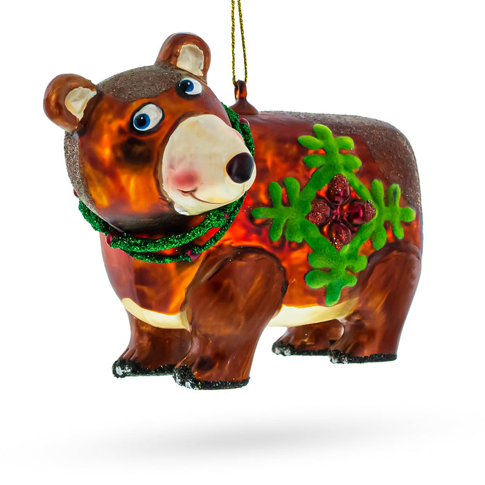 BestPysanky Festive Brown Bear Holding a Poinsettia - Blown Glass Christmas Ornament