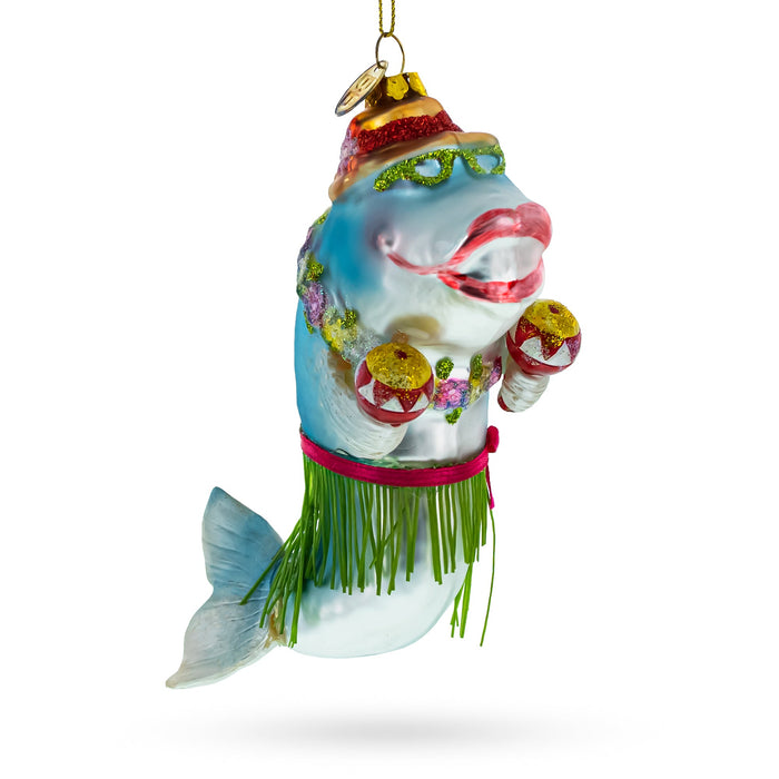 BestPysanky Festive Hawaiian Shark with Maracas - Blown Glass Christmas Ornament