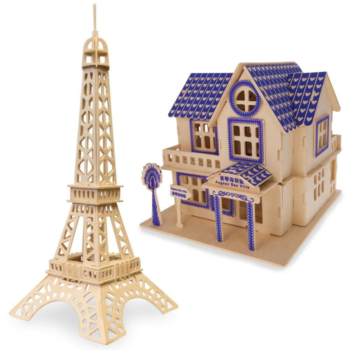 BestPysanky Set of 2 Eiffel Tower and House Model Kit Wooden 3D Puzzles