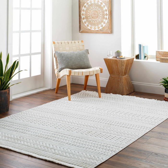 Hauteloom Cira Textured Fringed White Rug - Limited Edition