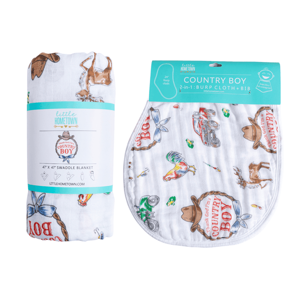 Little Hometown Country Boy Baby Giftset:  Baby Swaddle Blanket and Burp/Bib Combo