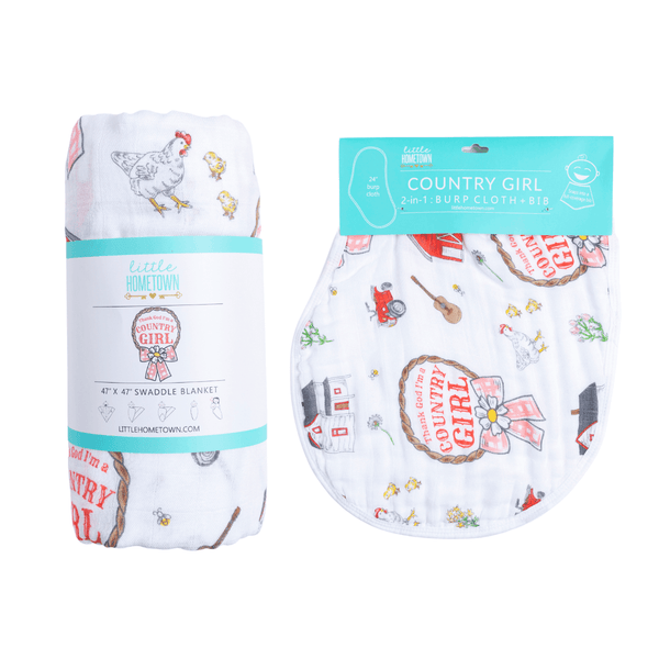 Little Hometown Country Girl Baby Giftset:  Baby Swaddle Blanket and Burp/Bib Combo