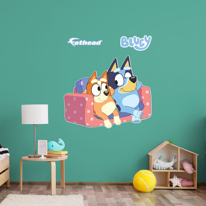 Fathead Bluey: Bluey & Bingo Sisters Lounging Icon - Officially Licensed BBC Removable Adhesive Decal