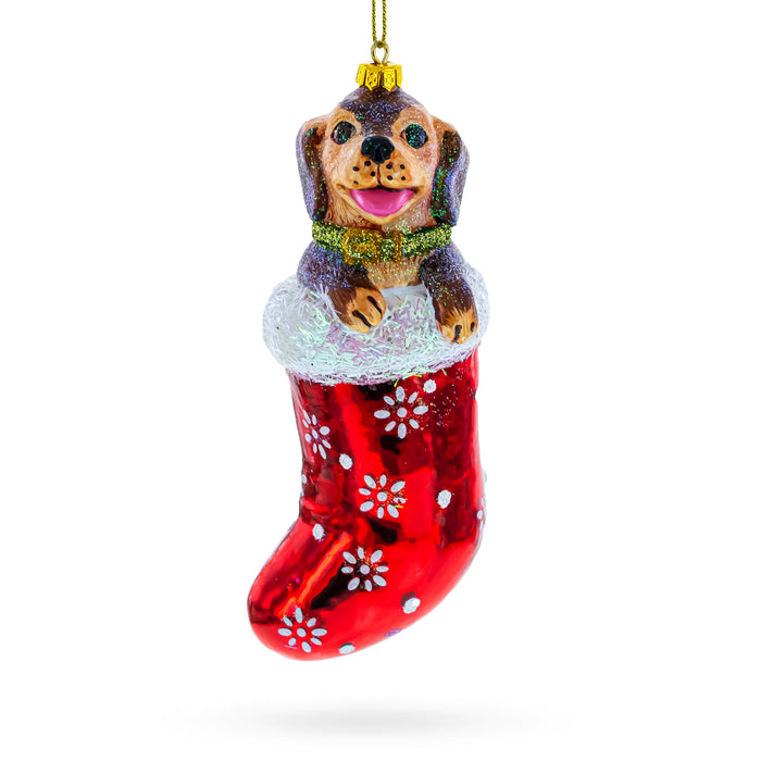 BestPysanky Joyful Puppy Nestled in Red Christmas Stocking -  High-Quality Blown Glass Christmas Ornament