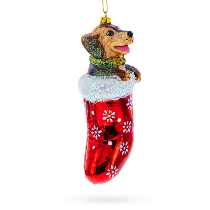 BestPysanky Joyful Puppy Nestled in Red Christmas Stocking -  High-Quality Blown Glass Christmas Ornament