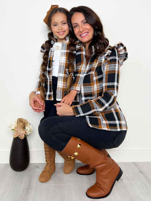 Mia Belle Girls Mommy and Me Plaid Ruffled Bomber Jacket