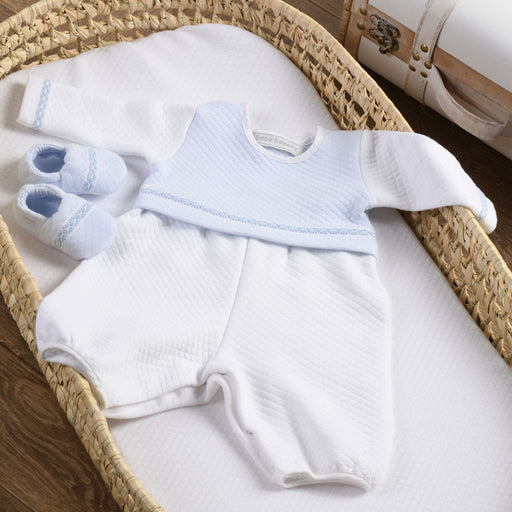 Bebe Sweeny Baby White & Blue Quilted Cotton Romper