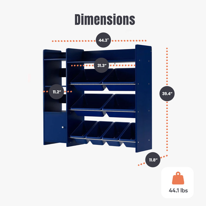 Sturdis Kids Toy Storage Organizer with Bookshelf and 8 Toy Bins, Dark Blue