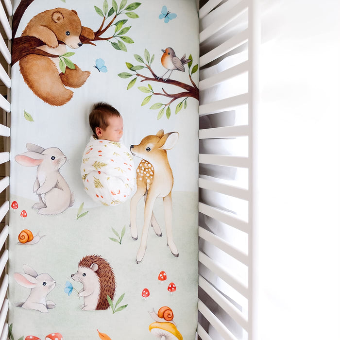 Rookie Humans Crib sheet and Swaddle bundle - Enchanted Forest