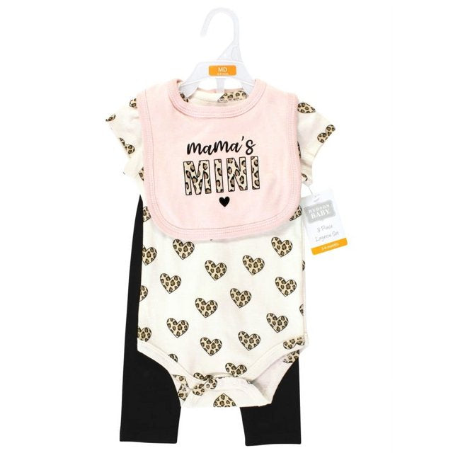 Hudson Baby Girl Baby Cotton Bodysuit, Pant and Bib Set, Leopard Hearts