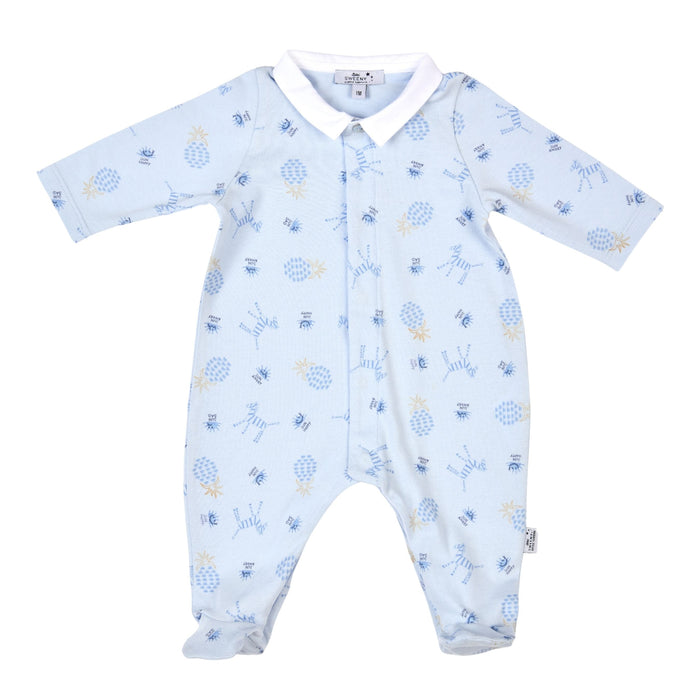 Bebe Sweeny Boys Blue Jersey Babygrow with Zebra & Fruit Prints