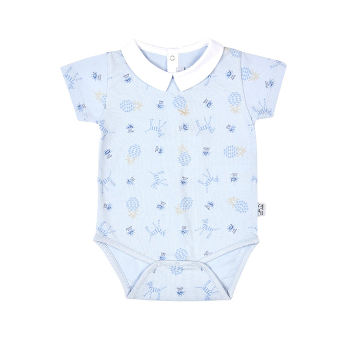 Bebe Sweeny Boys Blue Jersey Bodysuit with Zebra & Fruit Prints