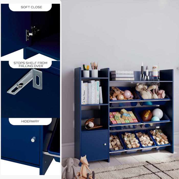 Sturdis Kids Toy Storage Organizer with Bookshelf and 8 Toy Bins, Dark Blue