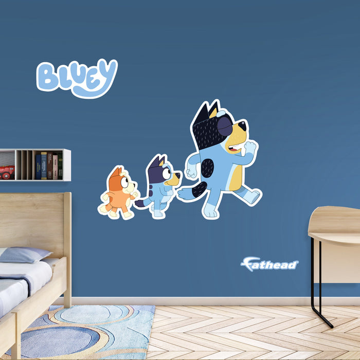 Fathead Bluey: Bandit, Bluey, Bingo Marching Icon - Officially Licensed BBC Removable Adhesive Decal