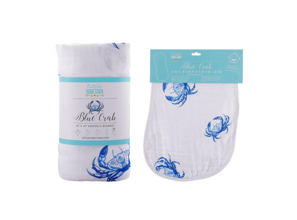 Little Hometown Gift Set: Blue Crab Baby Muslin Swaddle Blanket and Burp Cloth/Bib Combo