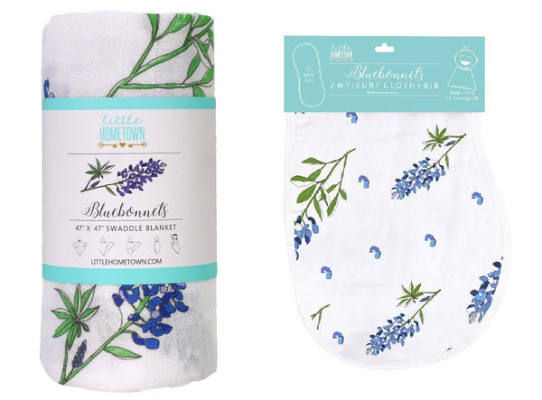 Little Hometown Gift Set: Bluebonnets Baby Muslin Swaddle Blanket and Burp Cloth/Bib Combo