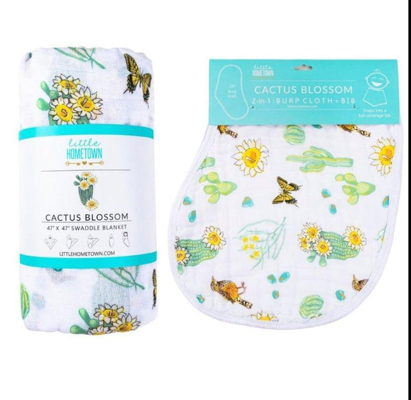 Little Hometown Gift Set: Cactus Blossom Baby Muslin Swaddle Blanket and Burp/Bib Combo