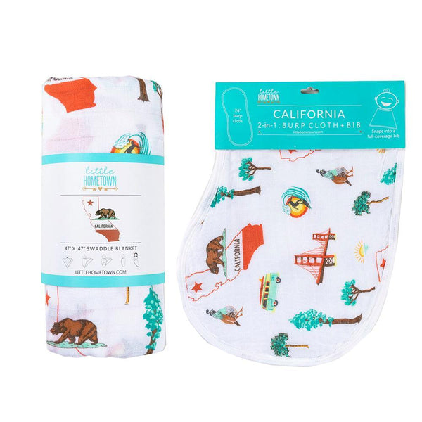 Little Hometown Gift Set: California Baby Muslin Swaddle Blanket and Burp Cloth/Bib Combo