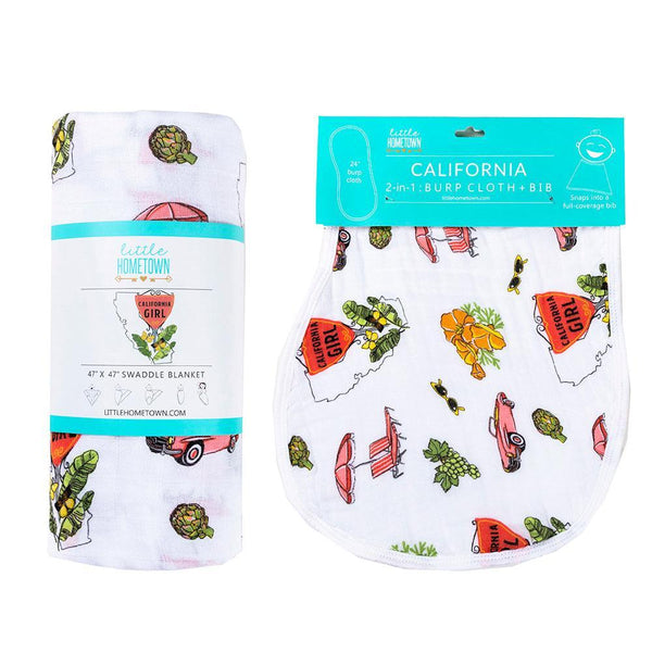 Little Hometown Gift Set: California Girl Muslin Swaddle Blanket and Burp Cloth/Bib Combo