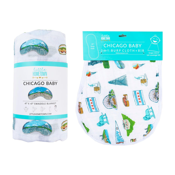 Little Hometown Gift Set: Chicago Baby Muslin Swaddle Blanket and Burp Cloth/Bib Combo