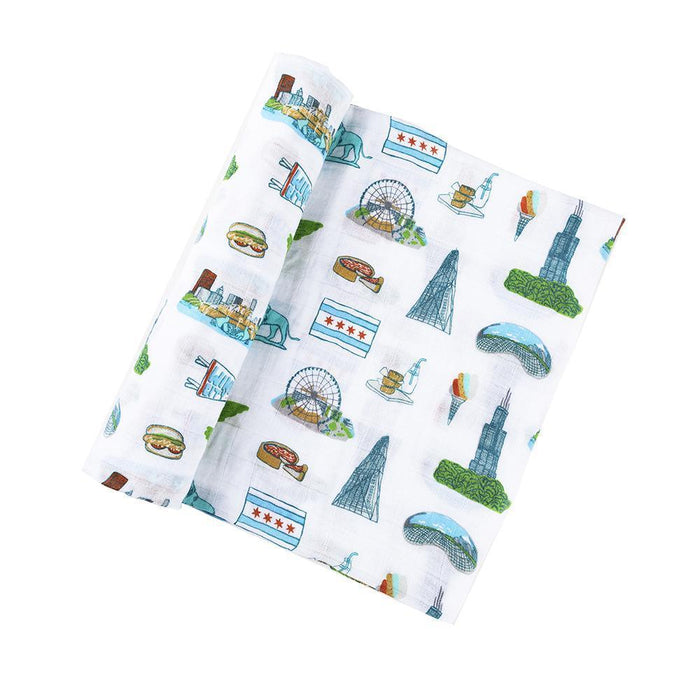 Little Hometown Gift Set: Chicago Baby Muslin Swaddle Blanket and Burp Cloth/Bib Combo