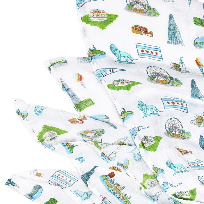 Little Hometown Gift Set: Chicago Baby Muslin Swaddle Blanket and Burp Cloth/Bib Combo