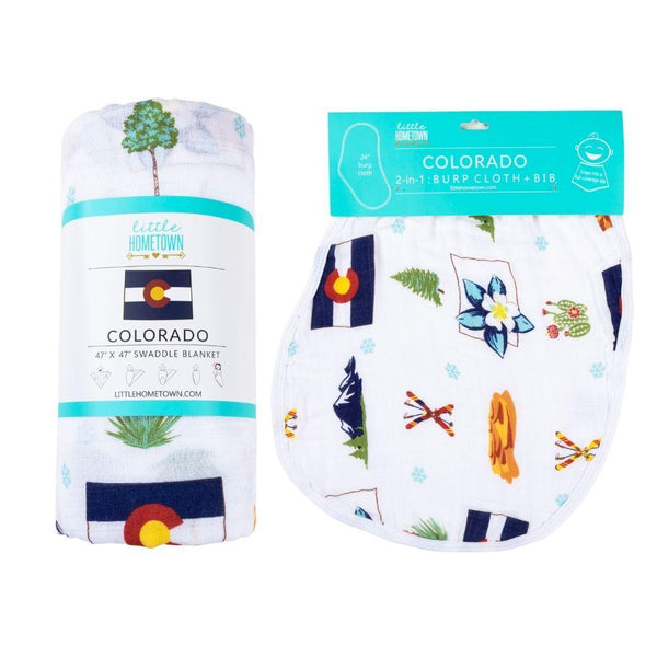 Little Hometown Gift Set: Colorado Baby Muslin Swaddle Blanket and Burp Cloth/Bib Combo