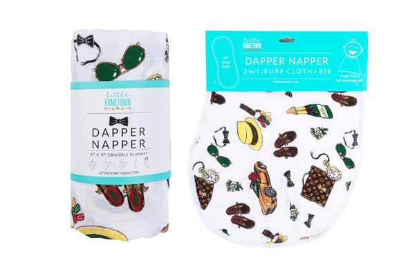 Little Hometown Gift Set: Dapper Napper Baby Muslin Swaddle Blanket and Burp Cloth/Bib Combo